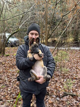 Fena belgického ovčáka Freya se vyhledání těl teprve učí. Pes je v náruči nprap. Davida Koláře. Foto: Tereza Majerová